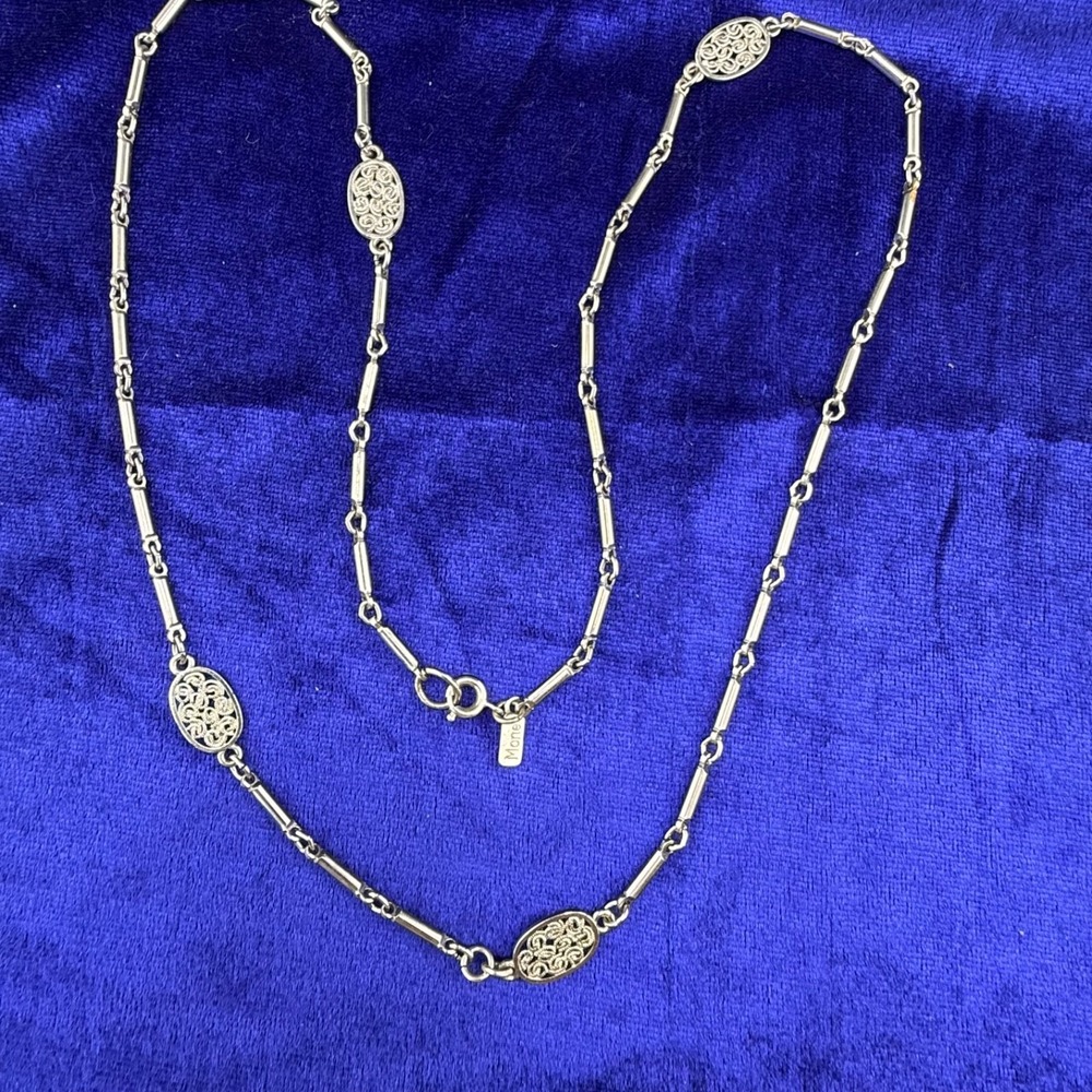 Vintage Monet Necklace Silver‎ Tone Chain Oval Filagree Links Signed 28"